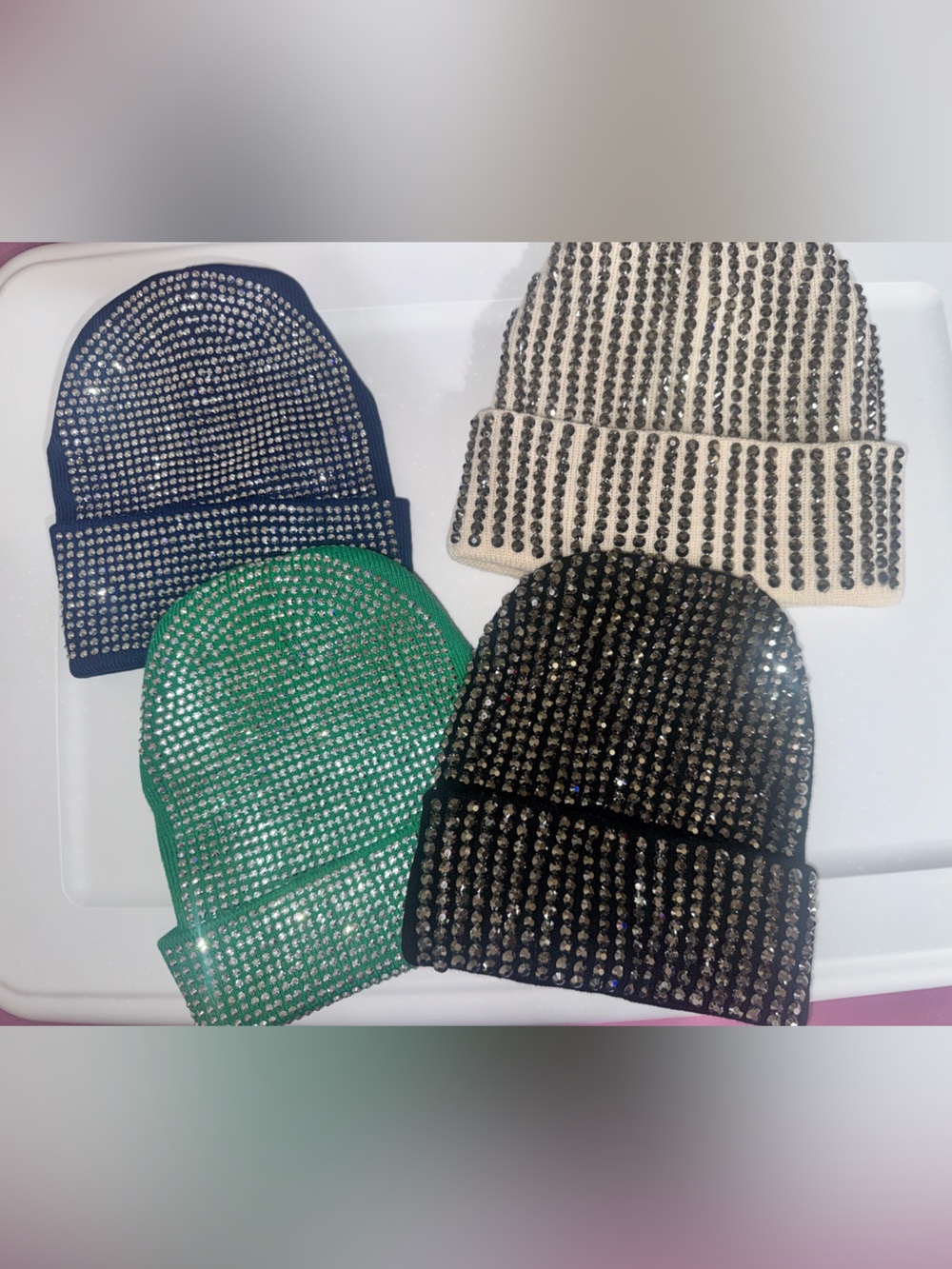 Rhinestone Embellished Knit Beanie - Black, Green, Navy, Cream. Total 4, New